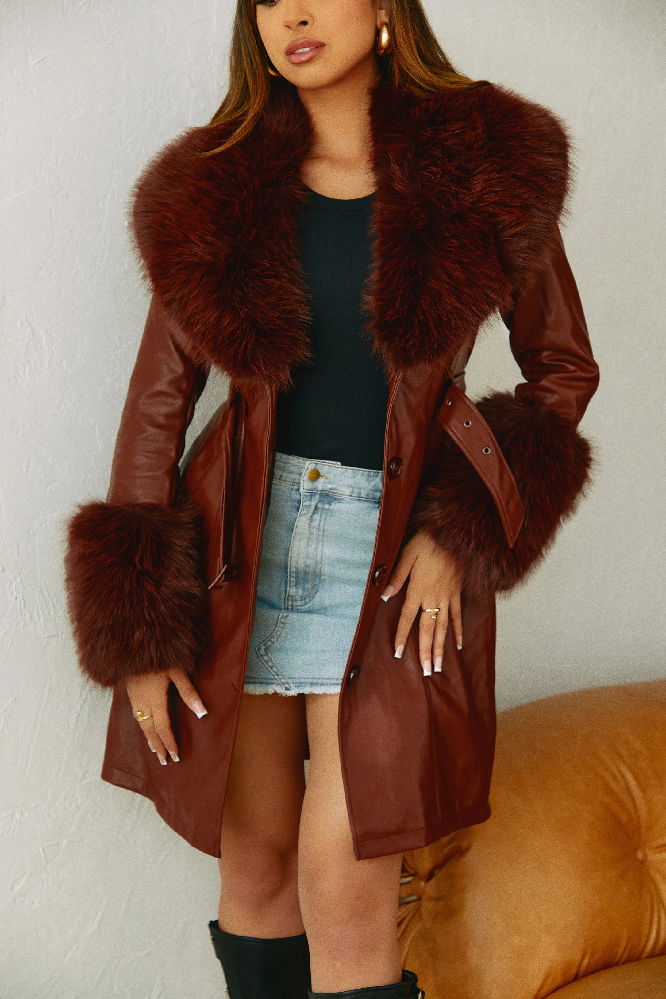 Ameria PU Faux Fur Coat - Coffee sold by Miss Lola