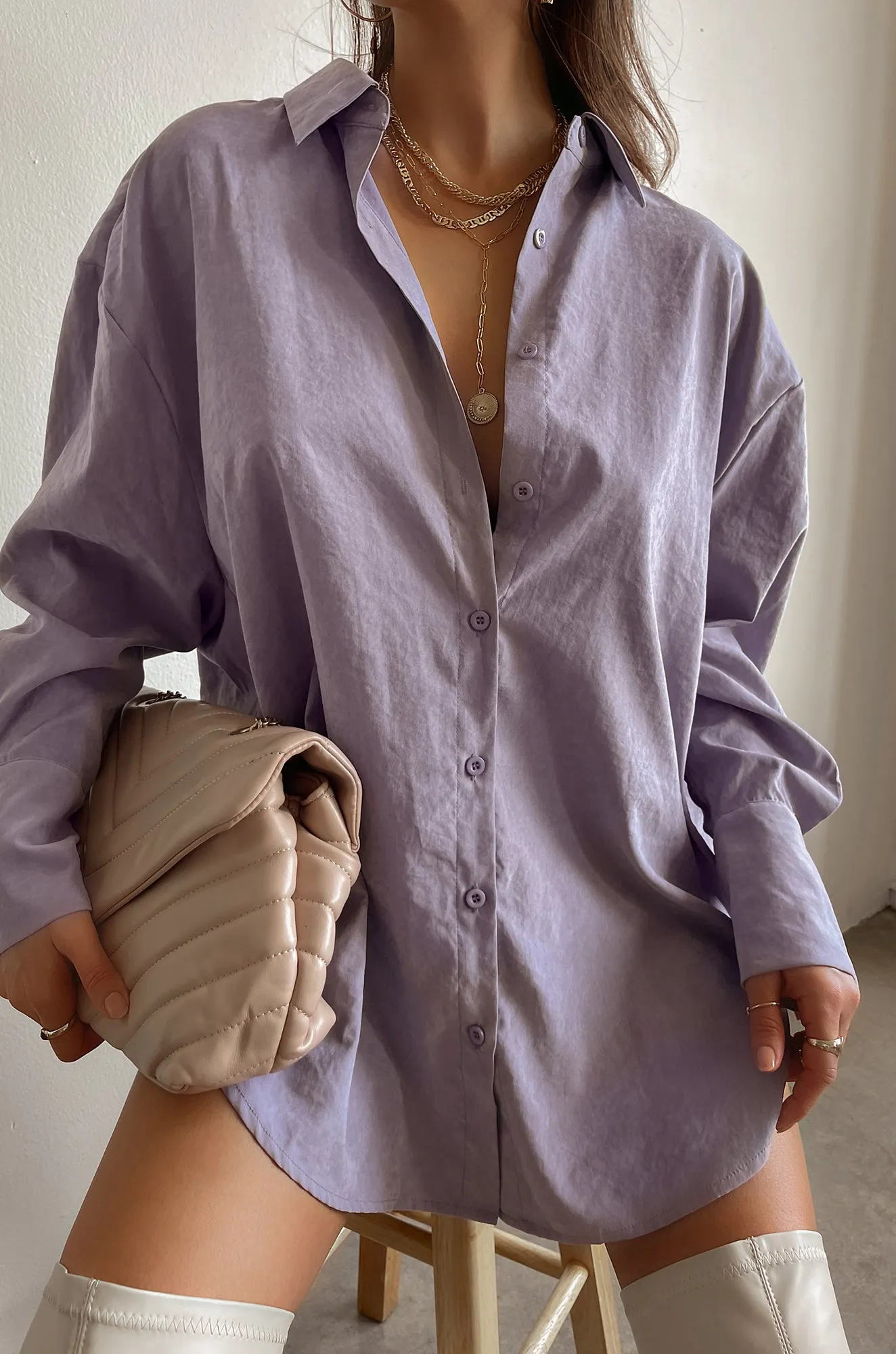 Spend The Night Oversized Button Up Top - Lavender sold by Miss Lola