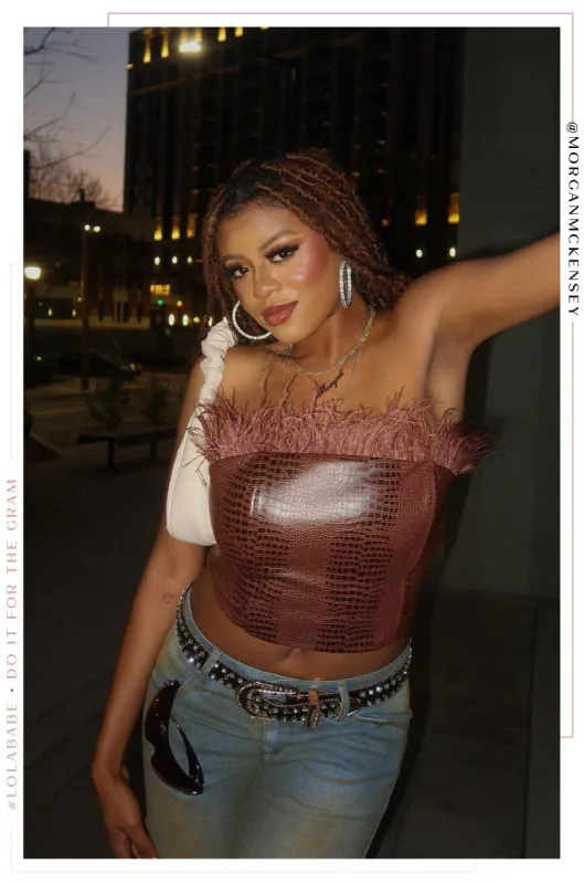 Iris Strapless Faux Feather Corset Top - Brown sold by Miss Lola