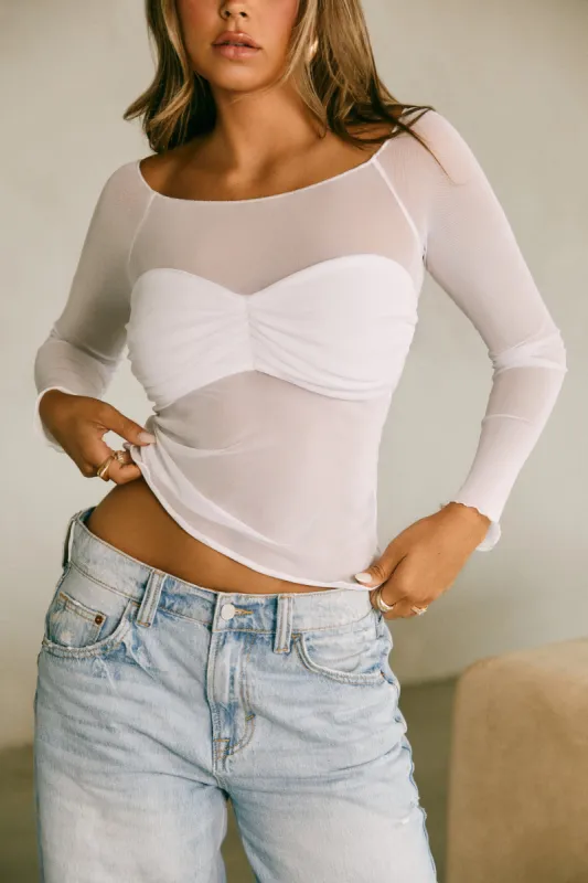 Siena Long Sleeve Mesh Top - White sold by Miss Lola