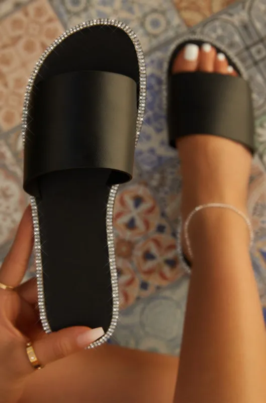 Resort Chic Embellished Flat Slip On Sandals - Black sold by Miss Lola