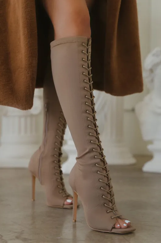 Only Rumors Lace Up Heel Boots - Taupe sold by Miss Lola
