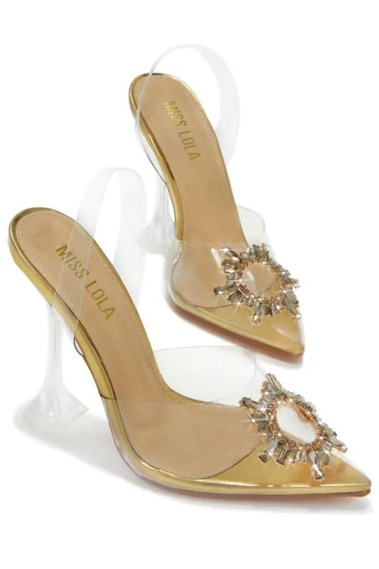 Luxe Affair Embellished Clear Pointed Toe Pumps - Gold sold by Miss Lola