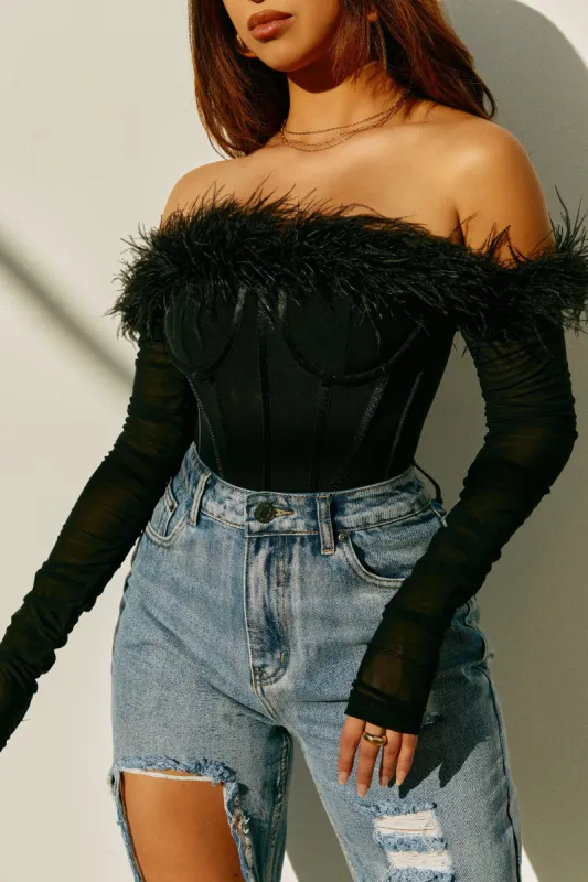 Love Attitude Off The Shoulder Faux Feather Long Sleeve Bodysuit - Black sold by Miss Lola