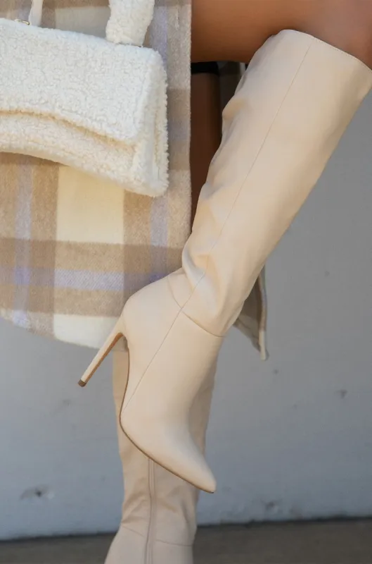 Tyrah Up To The Knee Heel Boots - Bone sold by Miss Lola