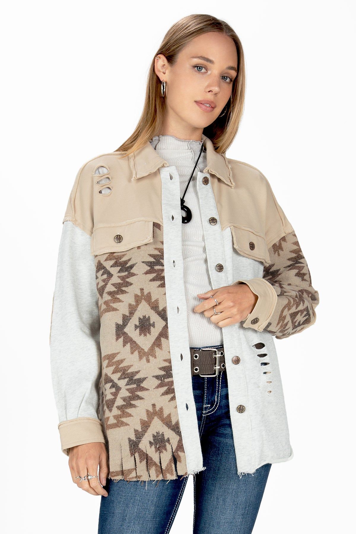 Mixed Aztec Print Shacket sold by Miss Me