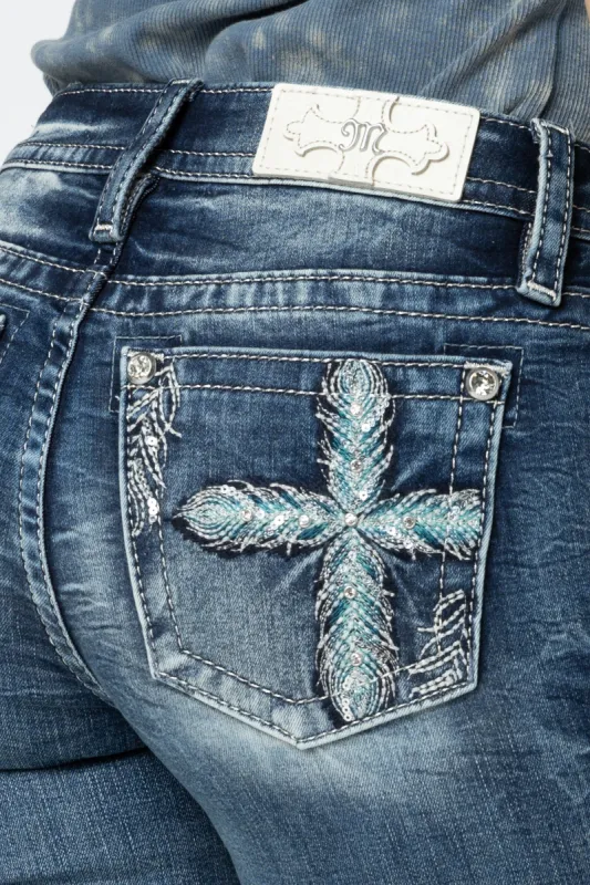 Turquoise Feather Cross Bootcut Jeans sold by Miss Me