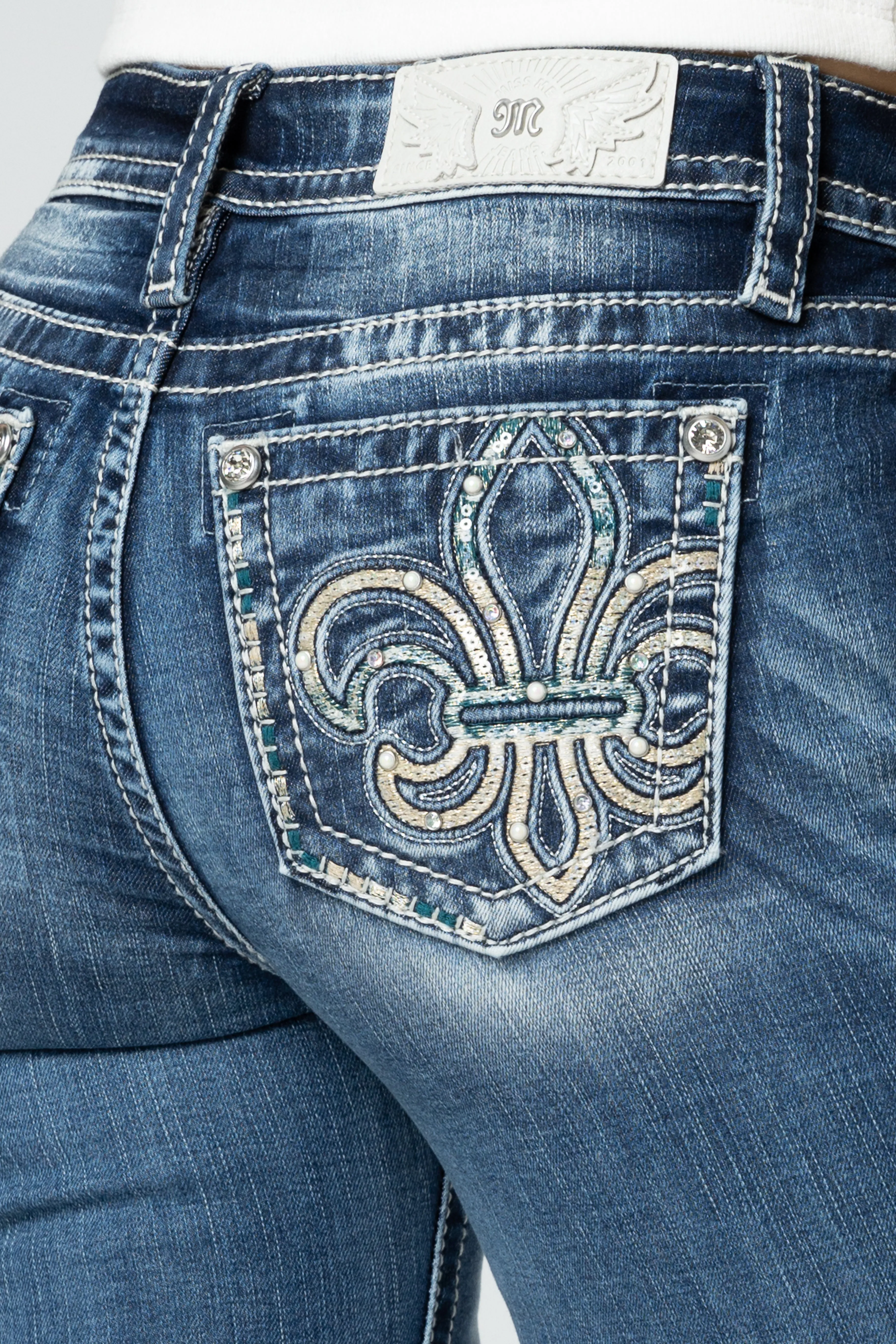 Turquoise & Champagne Fleur De Lis Bootcut Jeans sold by Miss Me product image thumbnail 4
