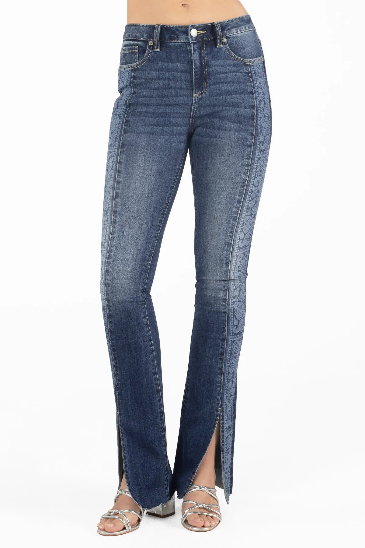 Paisley Front Slit Bootcut Jeans sold by Miss Me