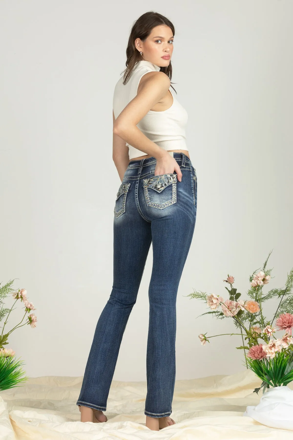 Turquoise Blue Feathers Bootcut Denim sold by Miss Me product image thumbnail 4