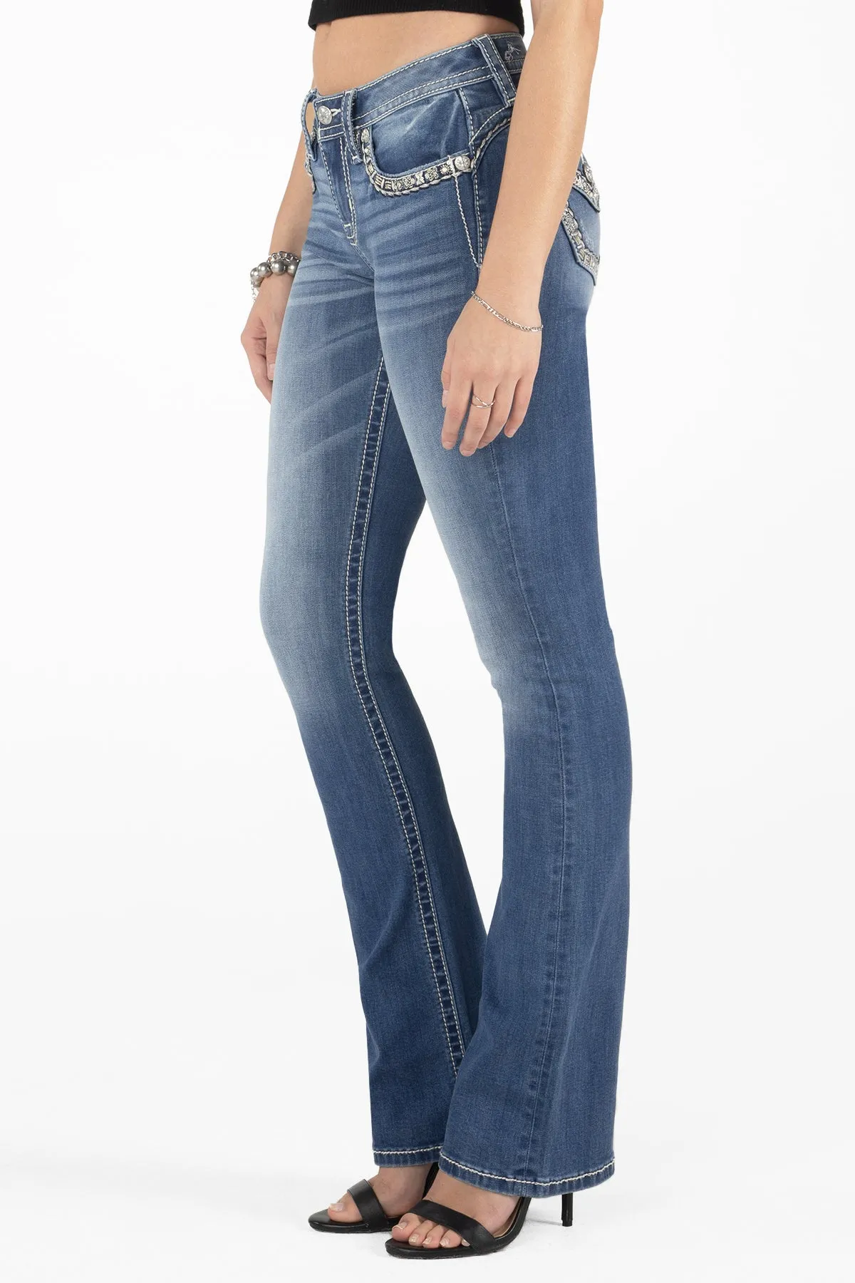 Gold Floral Stitch Border Bootcut Denim sold by Miss Me product image thumbnail 3