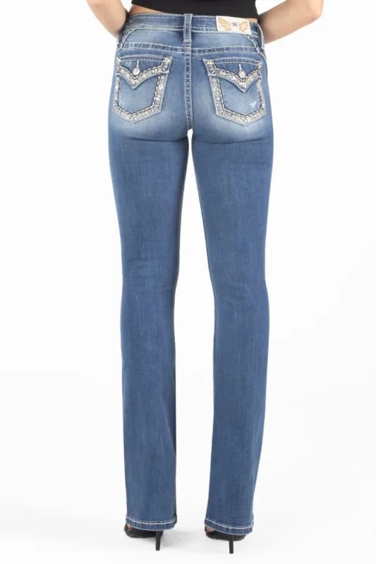 Gold Floral Stitch Border Bootcut Denim sold by Miss Me