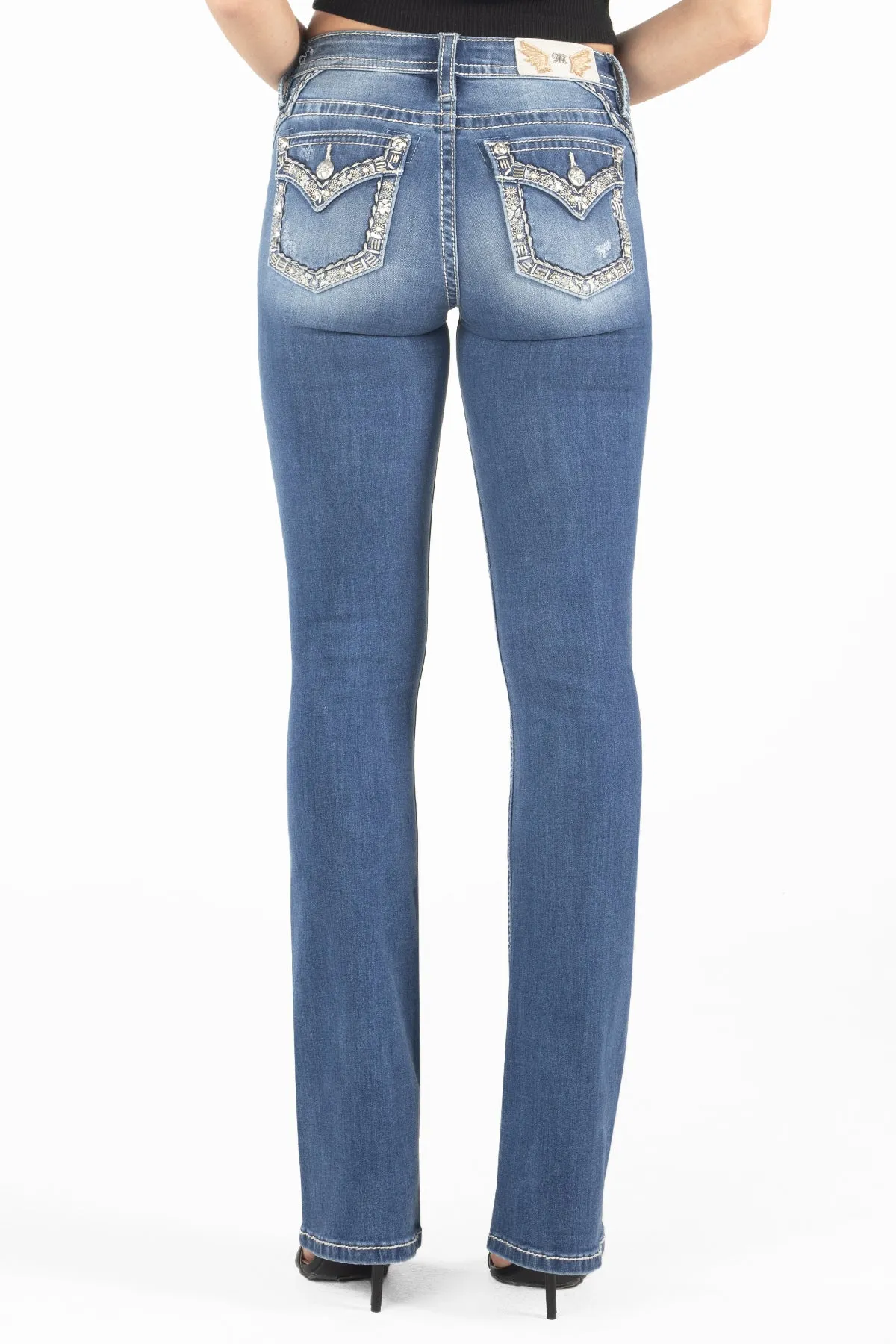 Gold Floral Stitch Border Bootcut Denim sold by Miss Me
