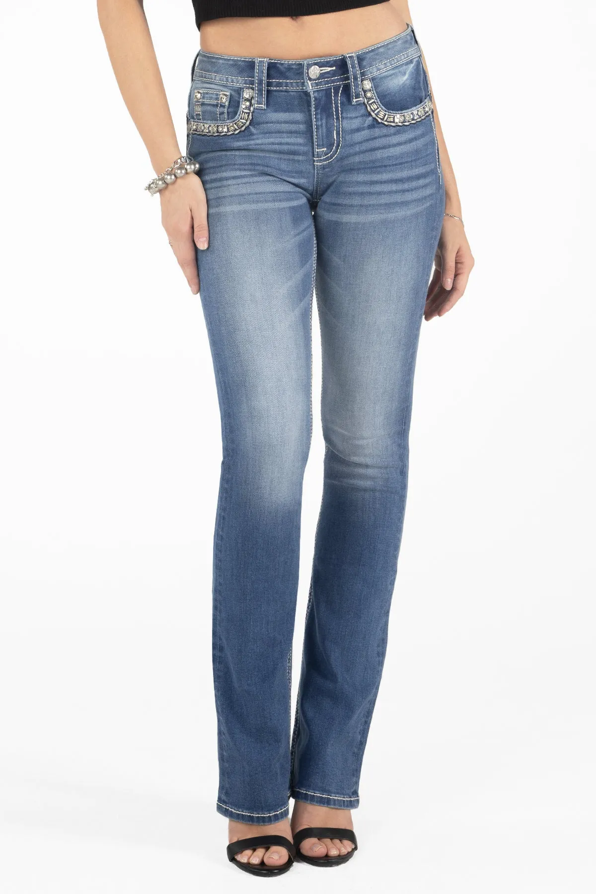 Gold Floral Stitch Border Bootcut Denim sold by Miss Me product image thumbnail 2