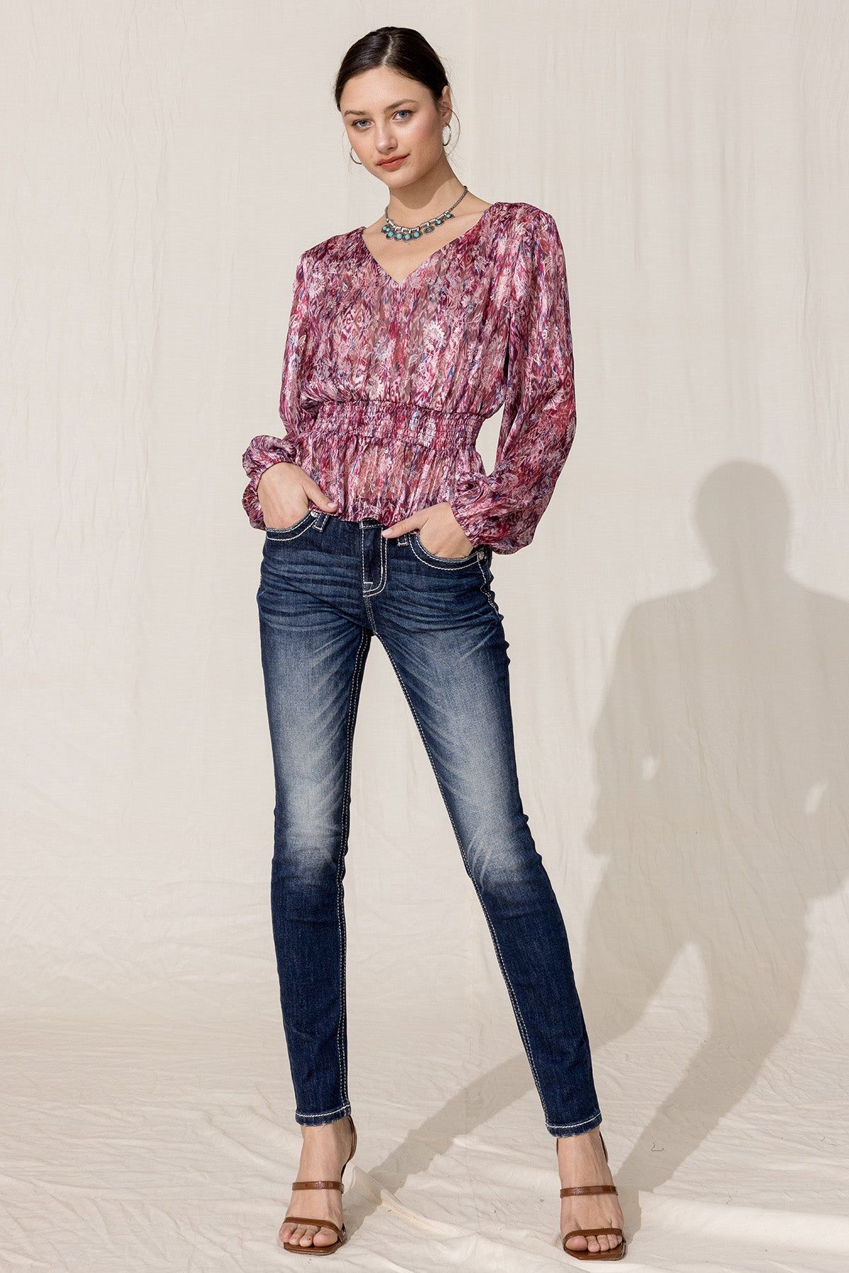 Fuschia Ruffled Print Top sold by Miss Me