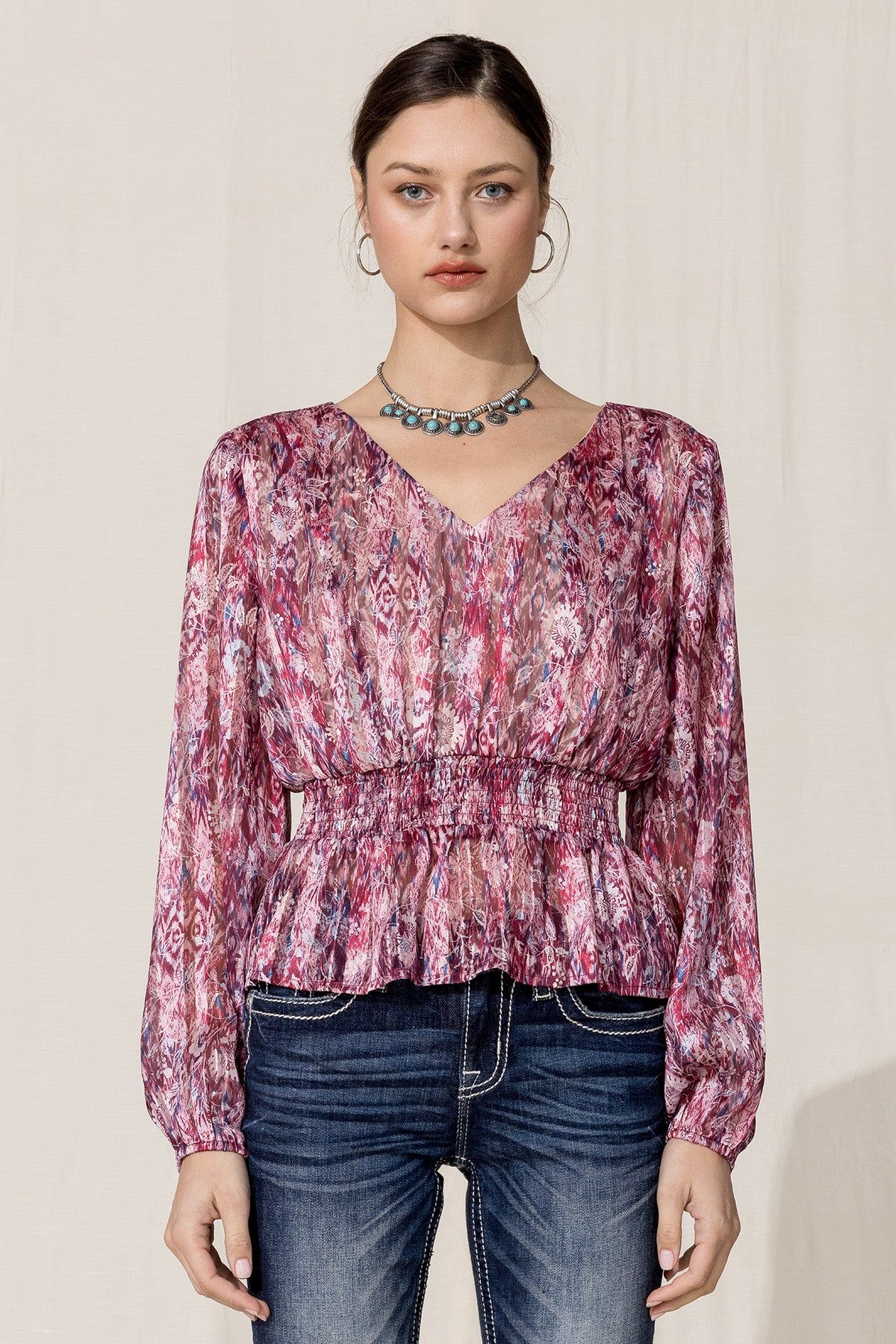 Fuschia Ruffled Print Top sold by Miss Me product image thumbnail 2
