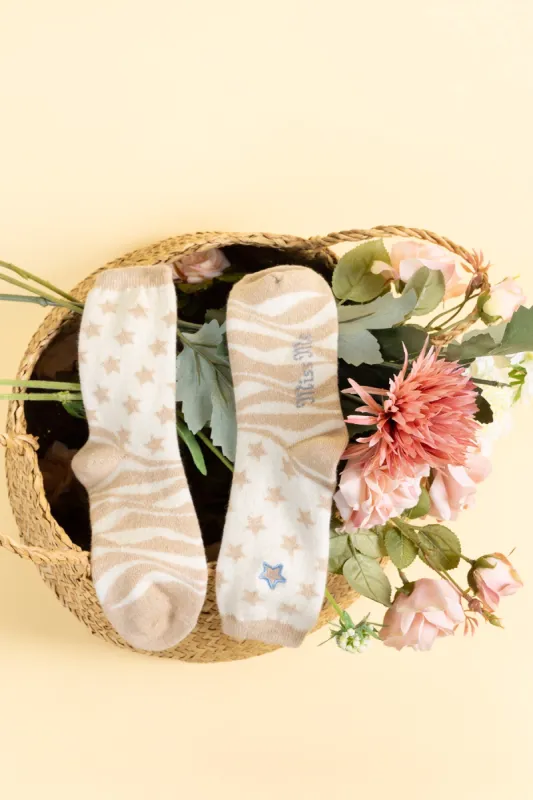 Beige Zebra Stars Crew Socks sold by Miss Me