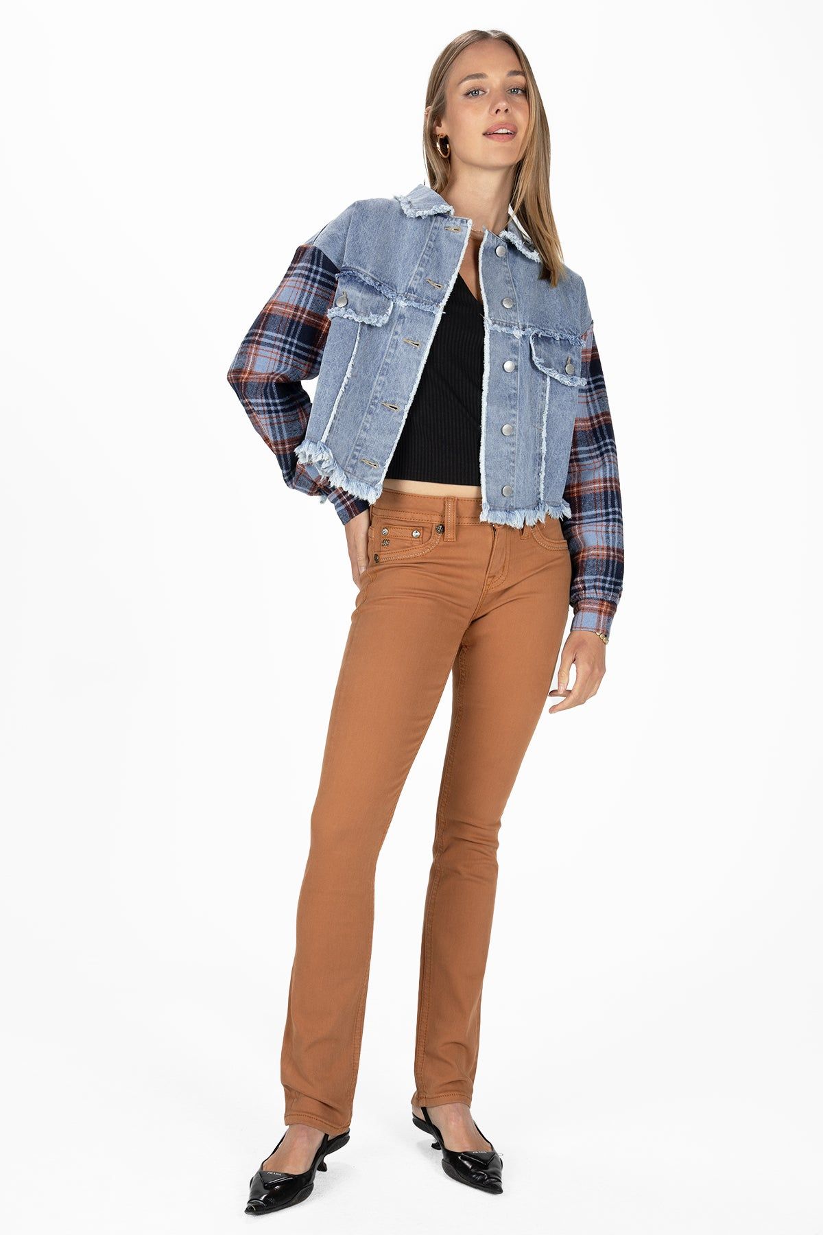 Dark Plaid Crochet Denim Jacket sold by Miss Me product image thumbnail 4
