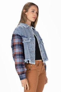 Dark Plaid Crochet Denim Jacket sold by Miss Me