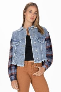 Dark Plaid Crochet Denim Jacket sold by Miss Me