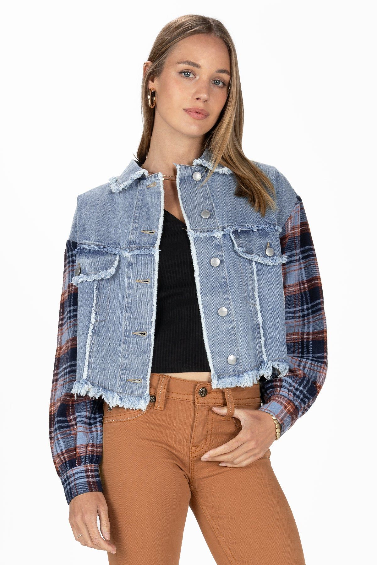 Dark Plaid Crochet Denim Jacket sold by Miss Me