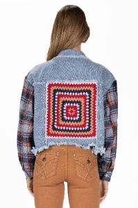 Dark Plaid Crochet Denim Jacket sold by Miss Me