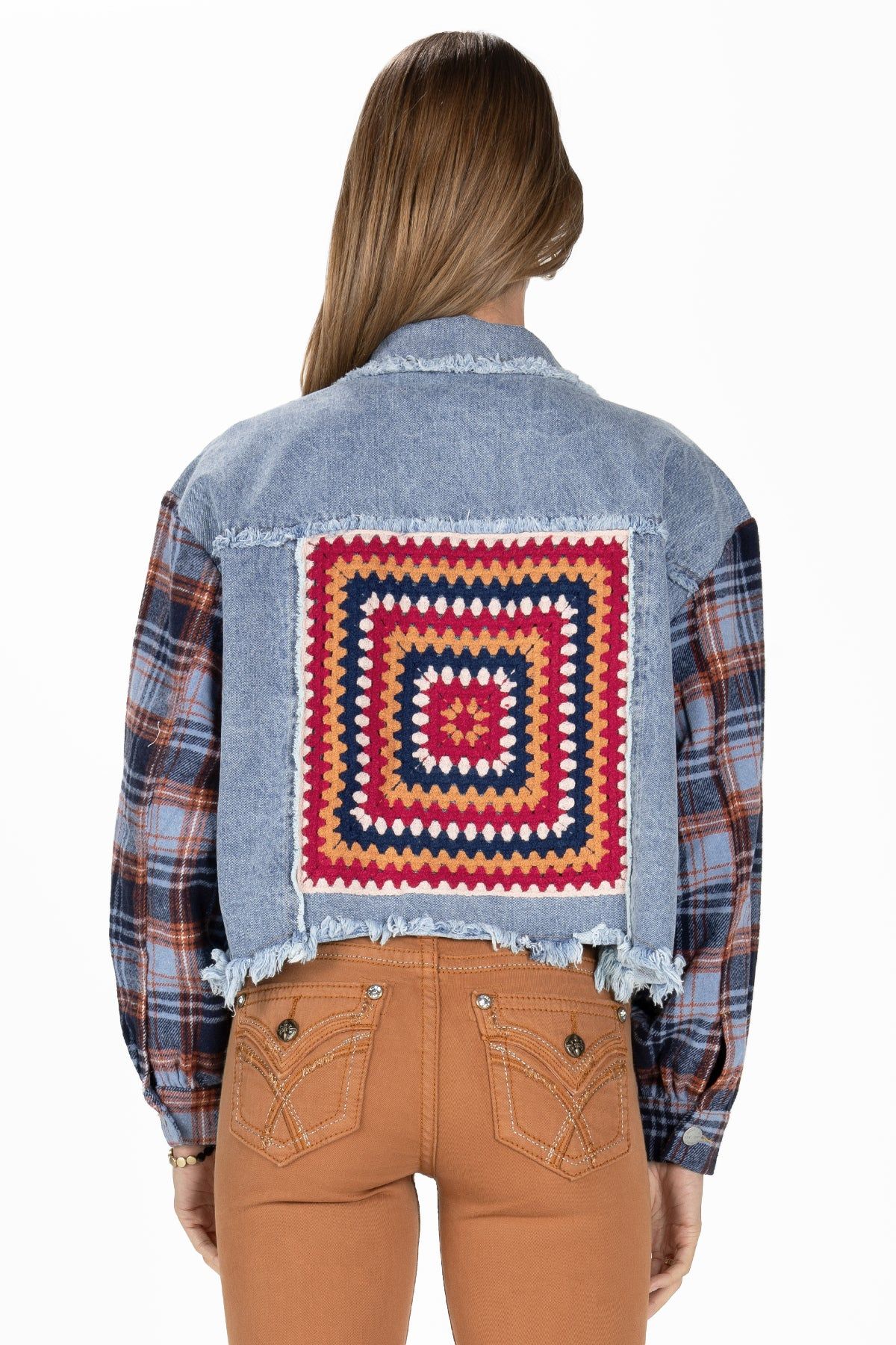 Dark Plaid Crochet Denim Jacket sold by Miss Me product image thumbnail 2