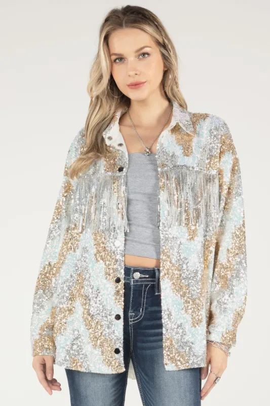 Zig-Zag Multi-Sequin Fringe Jacket sold by Miss Me