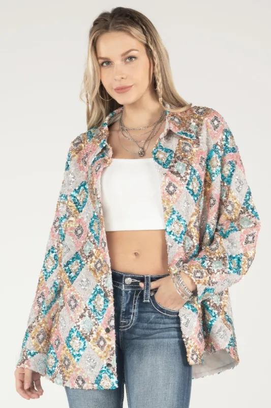 Long Sequined Button Up Top sold by Miss Me