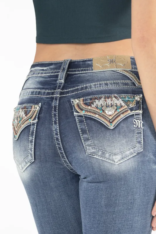 Turquoise Aztec Faux Flap Bootcut Jeans sold by Miss Me