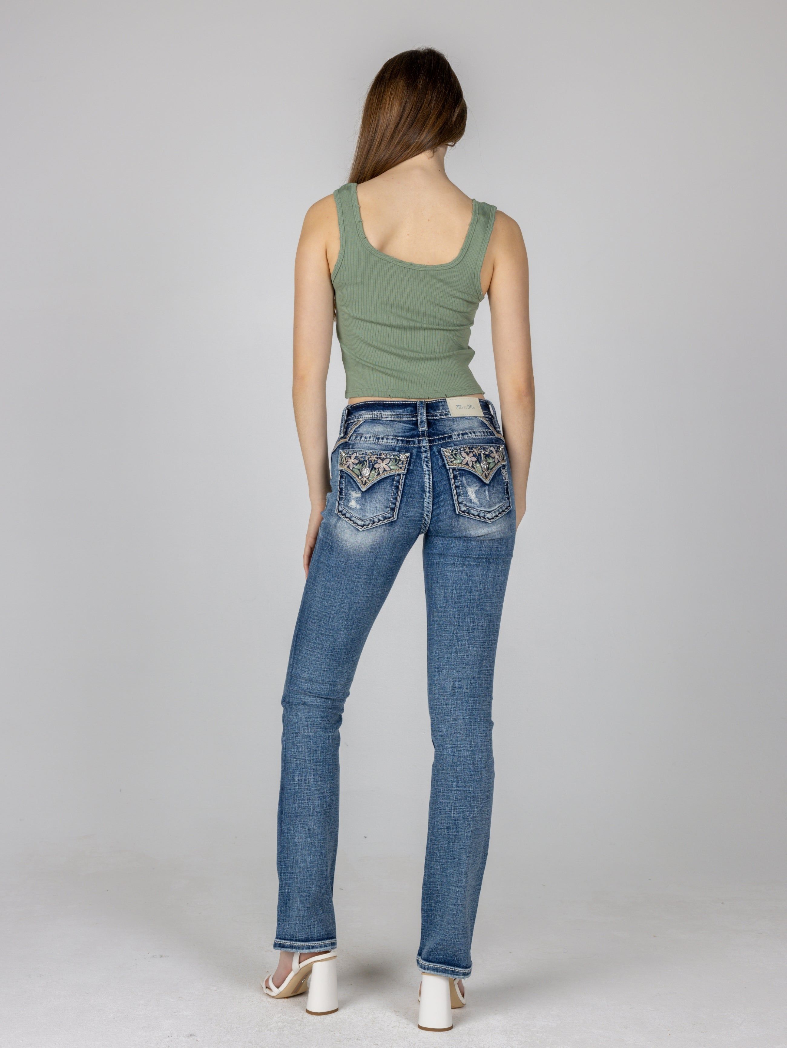 Pastel Embroidered Floral Distress Bootcut sold by Miss Me