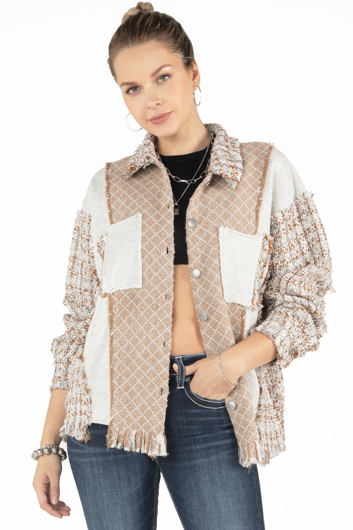 Contrasting Tweed Button Up Jacket sold by Miss Me product image thumbnail 2
