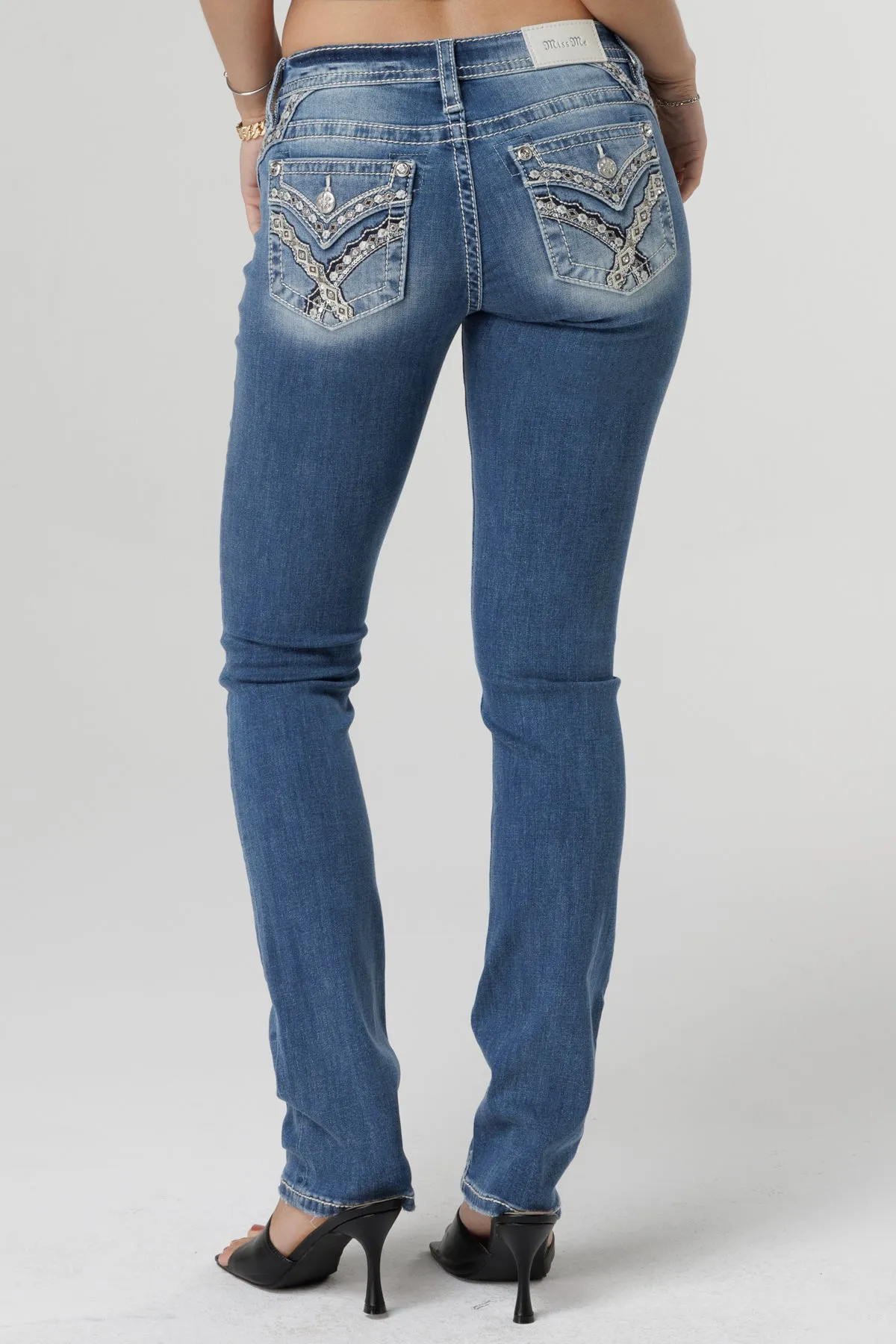 Glimmering Cross-Stitch Straight Jeans sold by Miss Me
