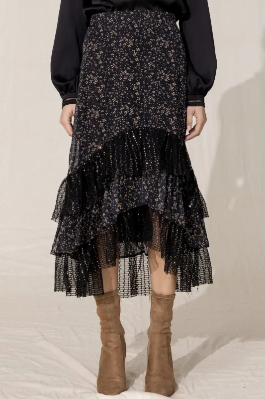 Ruffled Floral Printed Midi Skirt sold by Miss Me