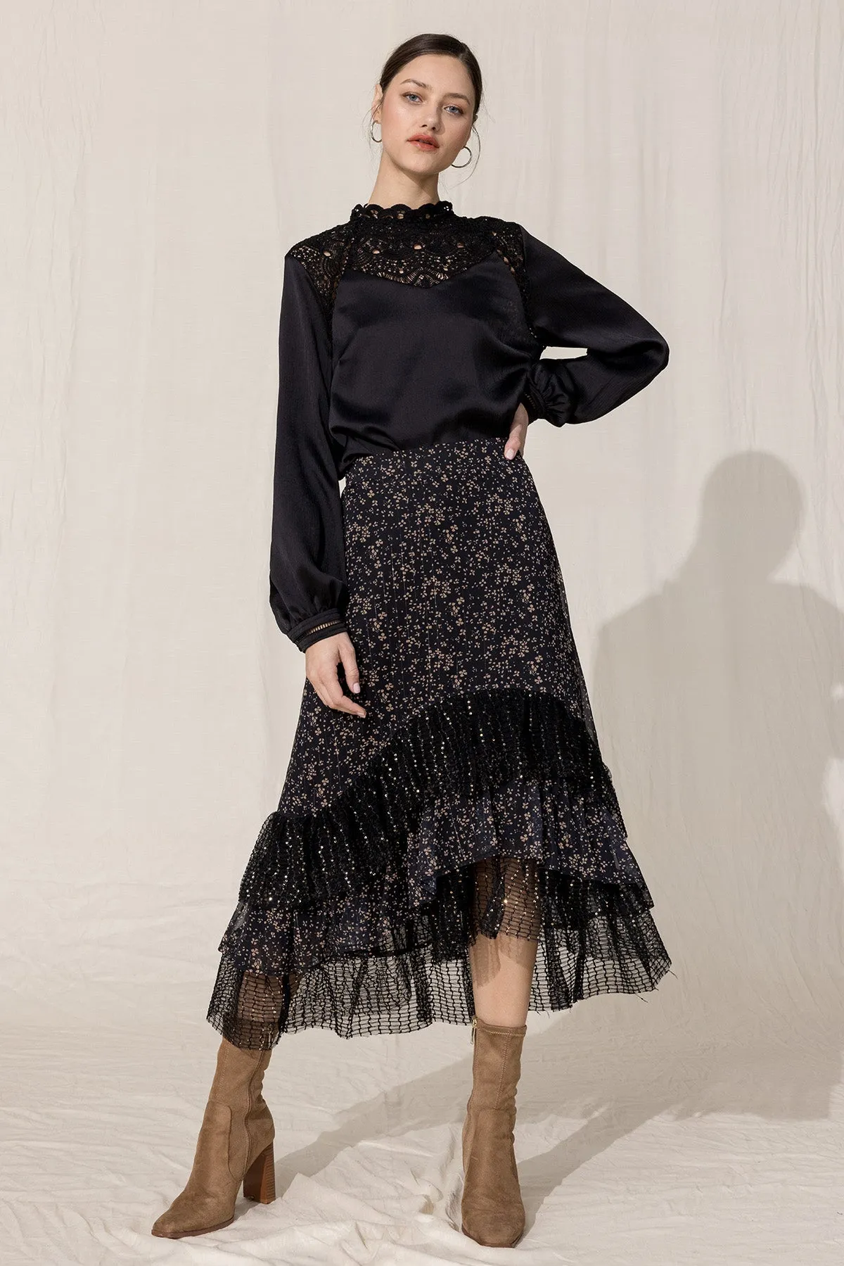 Ruffled Floral Printed Midi Skirt sold by Miss Me product image thumbnail 4