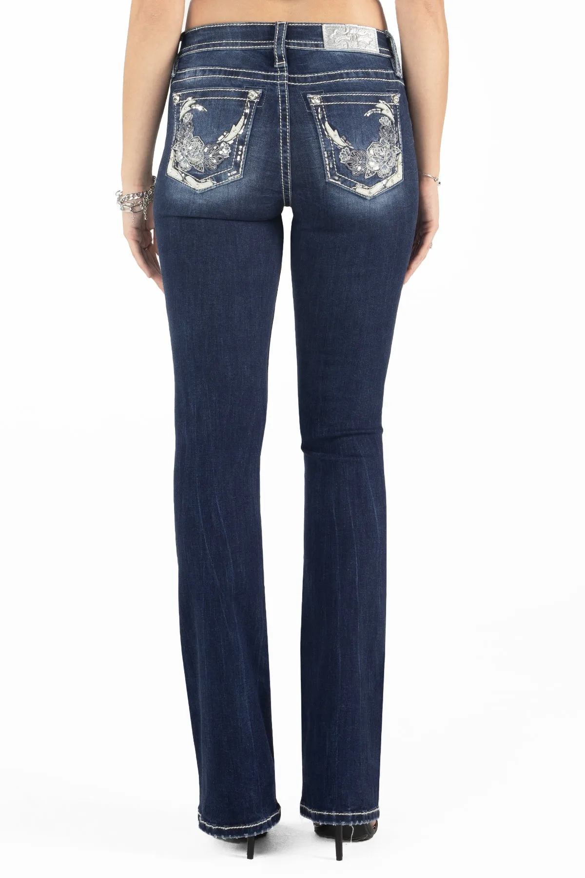 Floral White Leather Bootcut Jeans sold by Miss Me