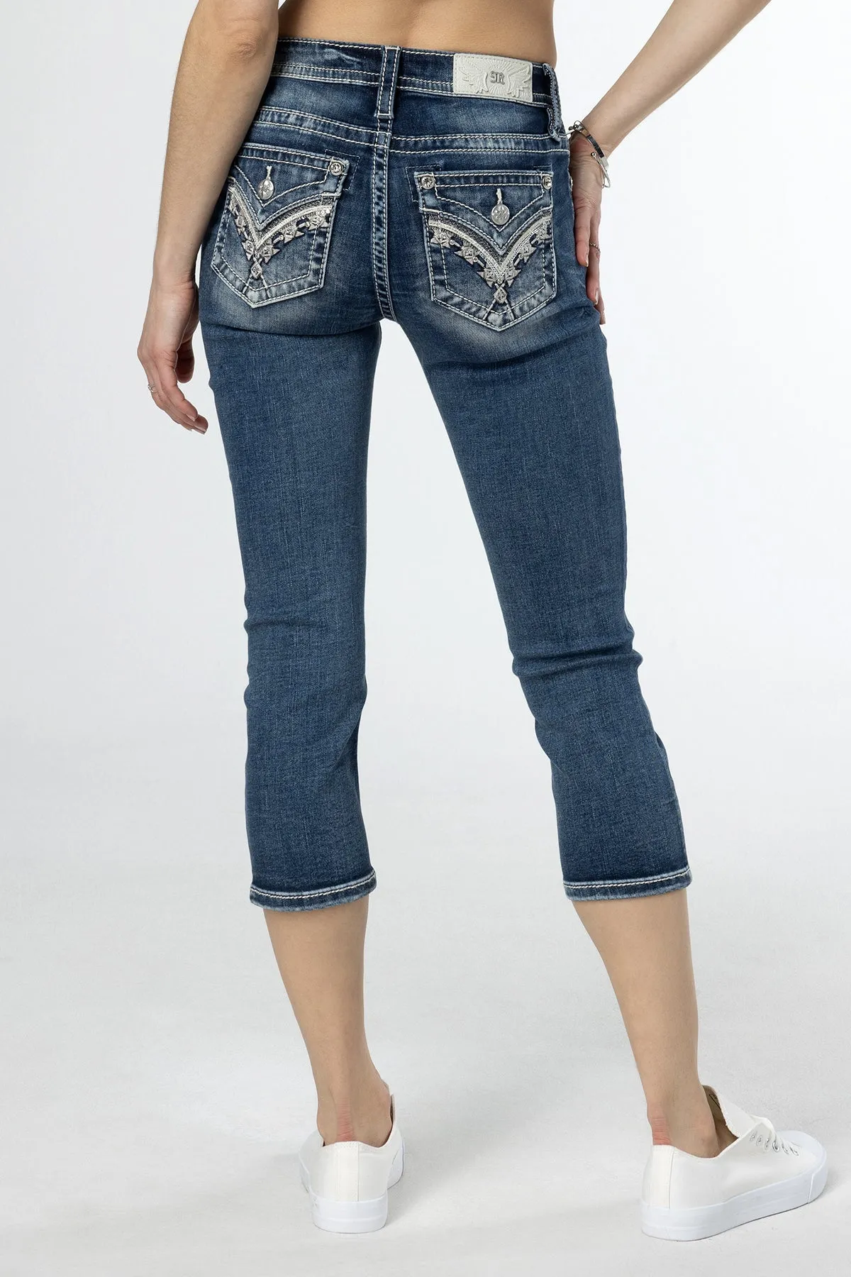 Geometric Sequin Stitch Capri sold by Miss Me
