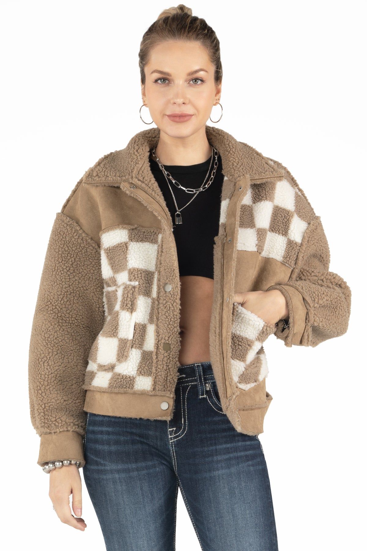 Patchwork Checkered Print Sherpa Jacket sold by Miss Me