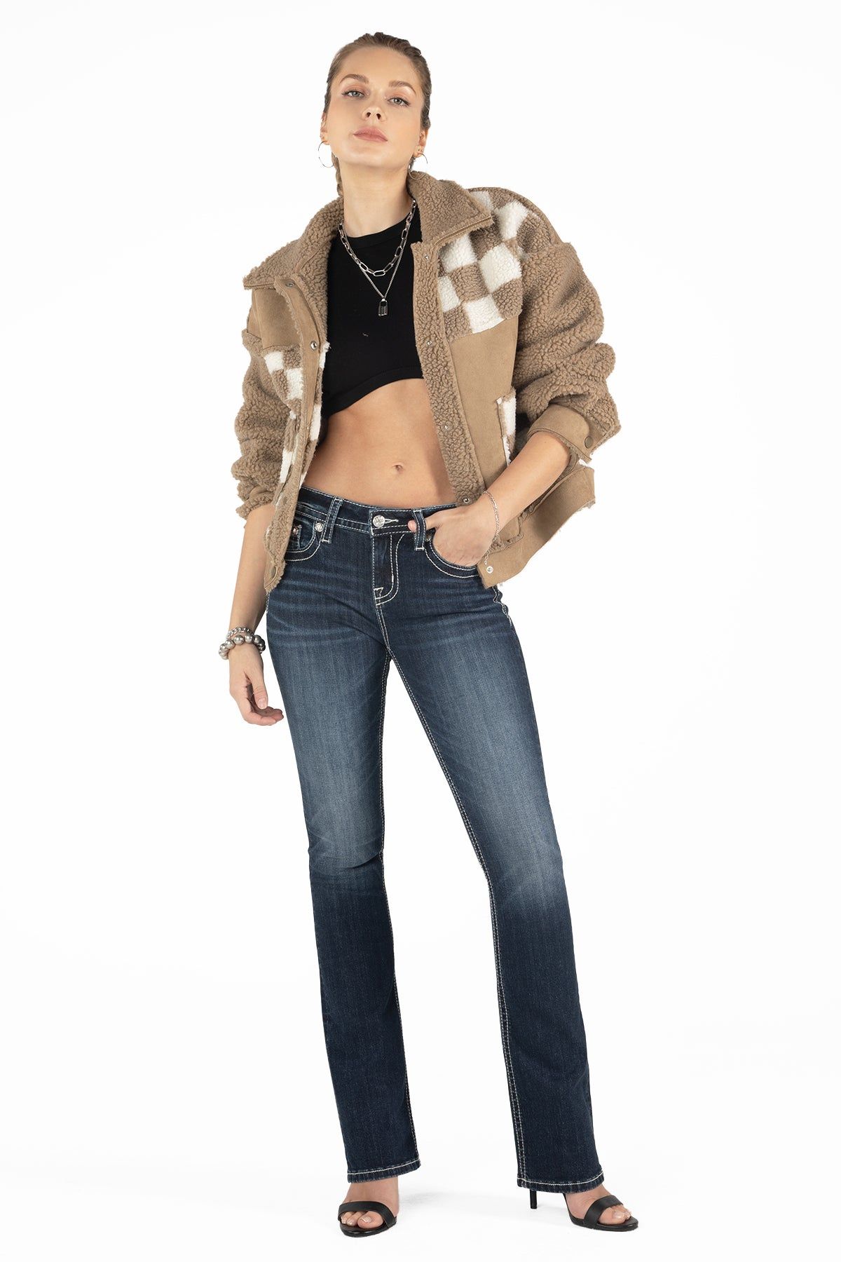 Patchwork Checkered Print Sherpa Jacket sold by Miss Me product image thumbnail 5