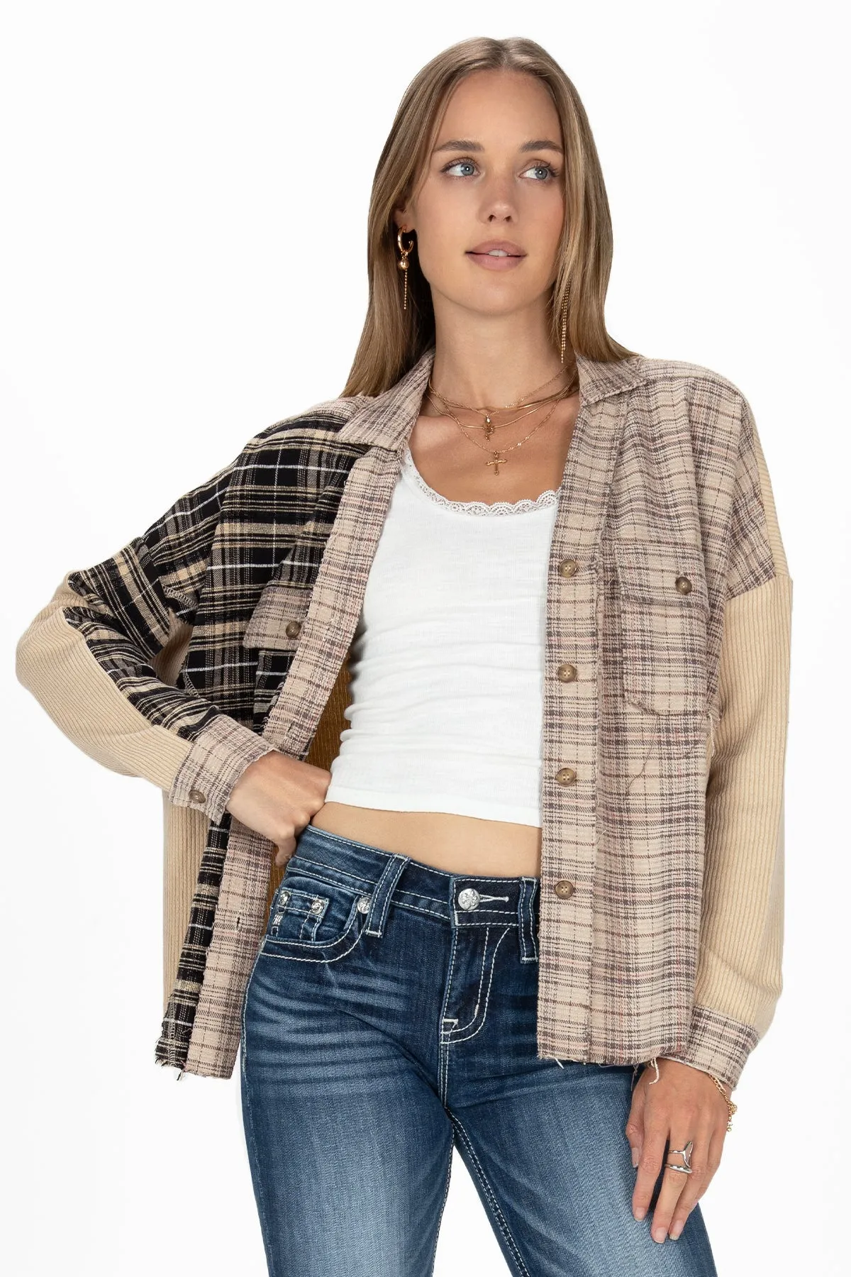 Contrasting Plaid Button Up Jacket sold by Miss Me