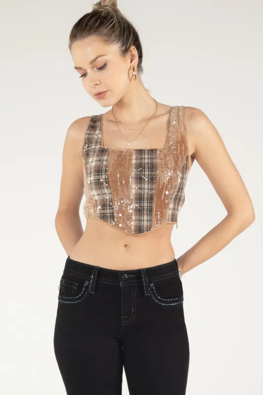 Plaid Sequin Crop Top sold by Miss Me