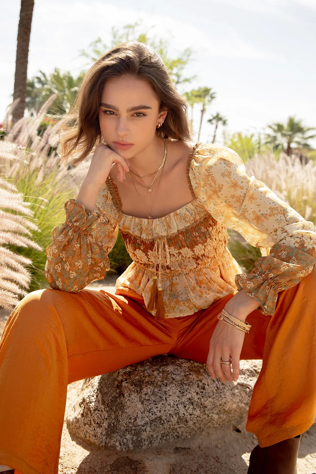 Mixed Orange Floral Smocked Blouse sold by Miss Me product image thumbnail 3