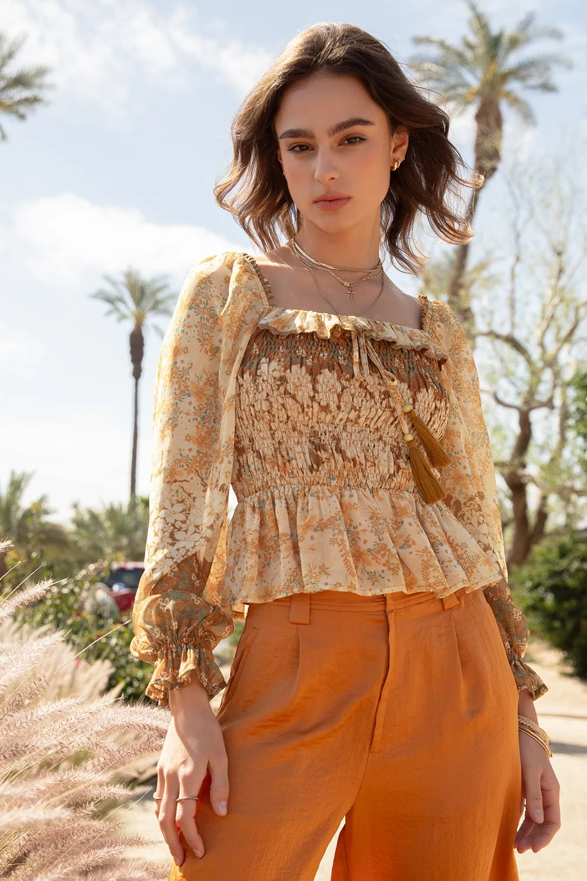 Mixed Orange Floral Smocked Blouse sold by Miss Me