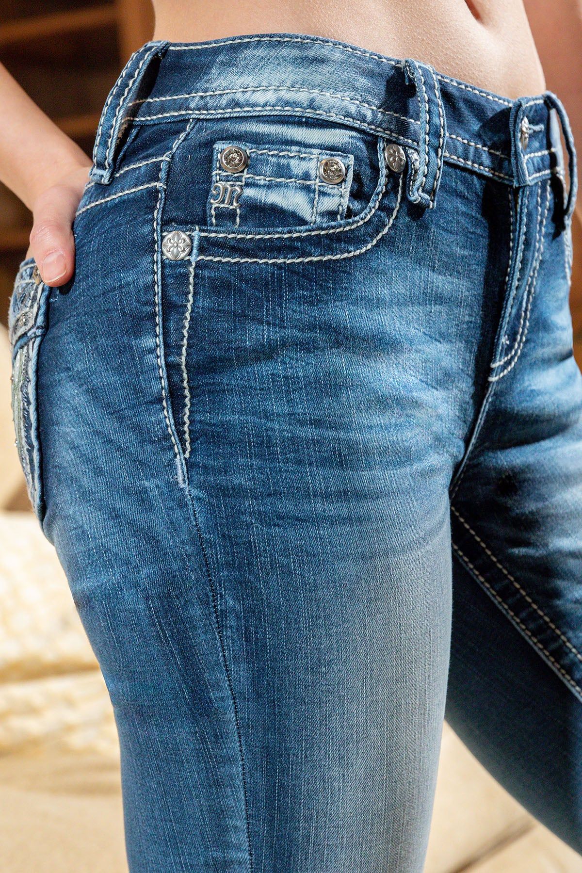 Faux Leather Embroidered Wing Denim sold by Miss Me product image thumbnail 7