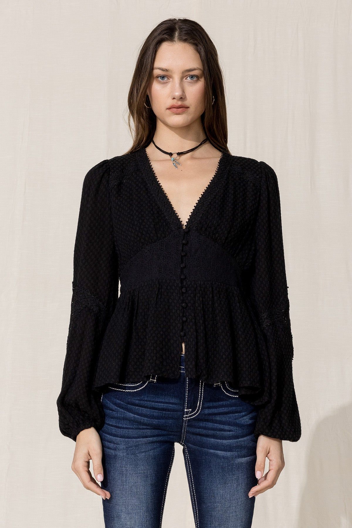 Balloon Sleeve Crochet Top sold by Miss Me