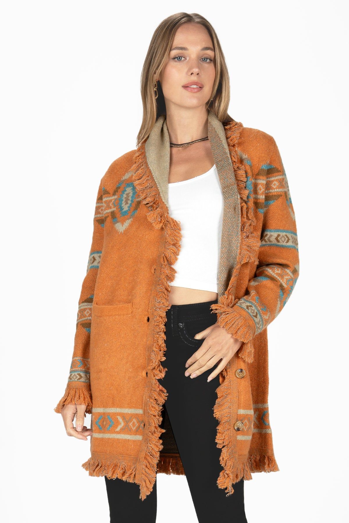 Aztec Button Front Cardigan sold by Miss Me