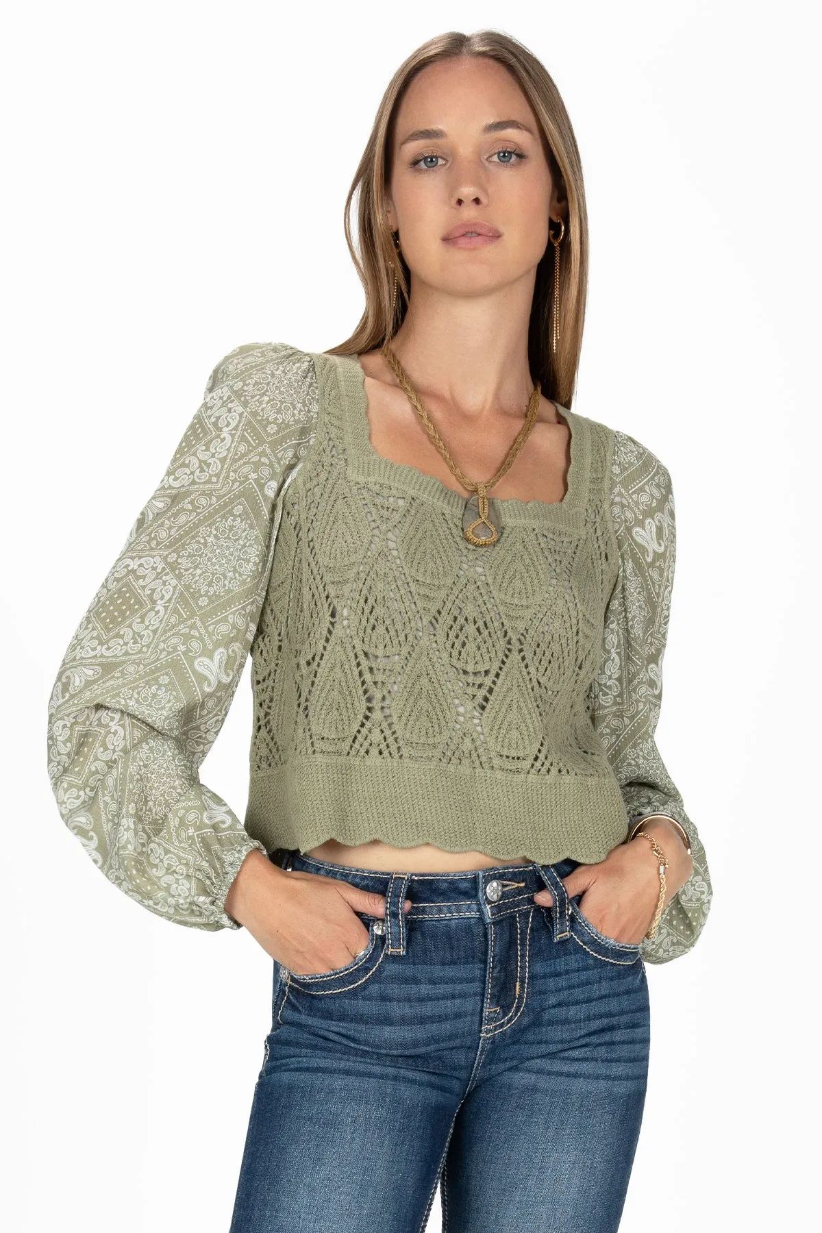 Crochet Paisley Cropped Top sold by Miss Me