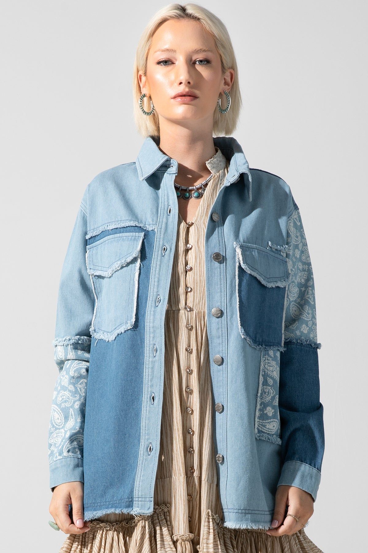 Paisley Contrast Denim Shacket sold by Miss Me