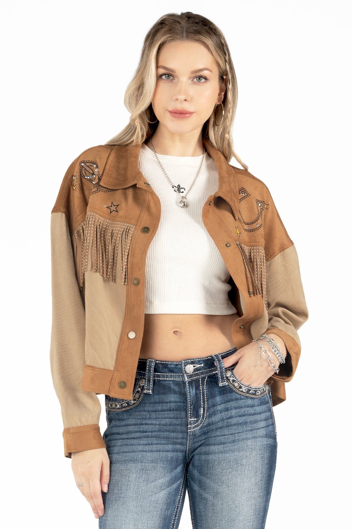 Western Faux Suede Fringed Jacket sold by Miss Me