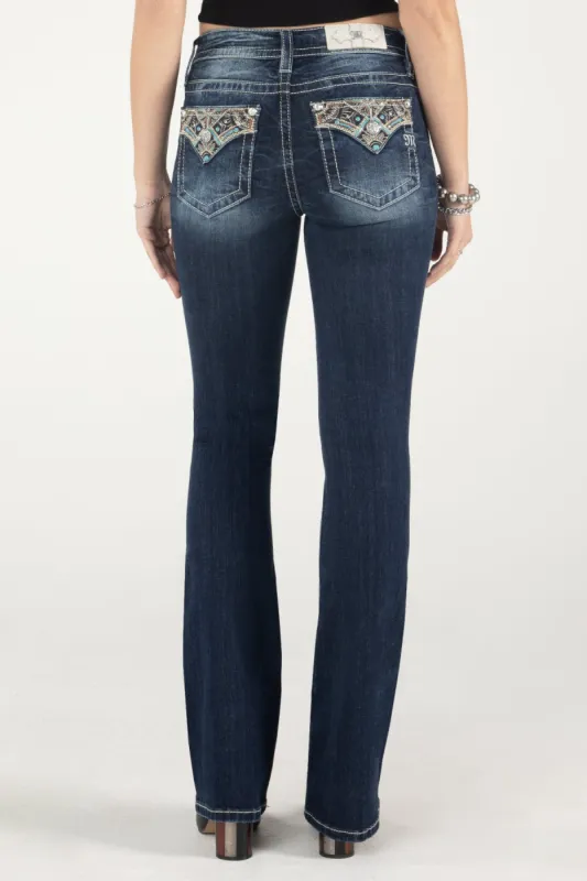 Gold and Turquoise Floral Bootcut Jeans sold by Miss Me